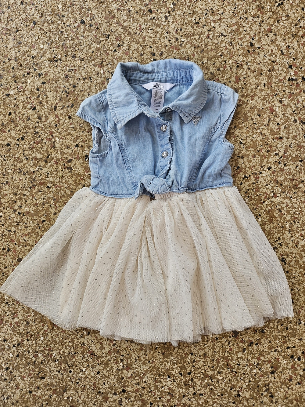 Baby Guess Light Blue Denim Bodice Cream Tulle Dress Rhinestone 18mo